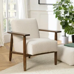 TIM Fauteuils En Tissu|Chaises Bouclettes|Fauteuil tissu bouclette écru accoudoirs bois