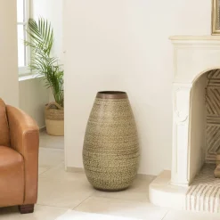 NADOR Vases|Grand vase antique doré motifs beiges H71 cm