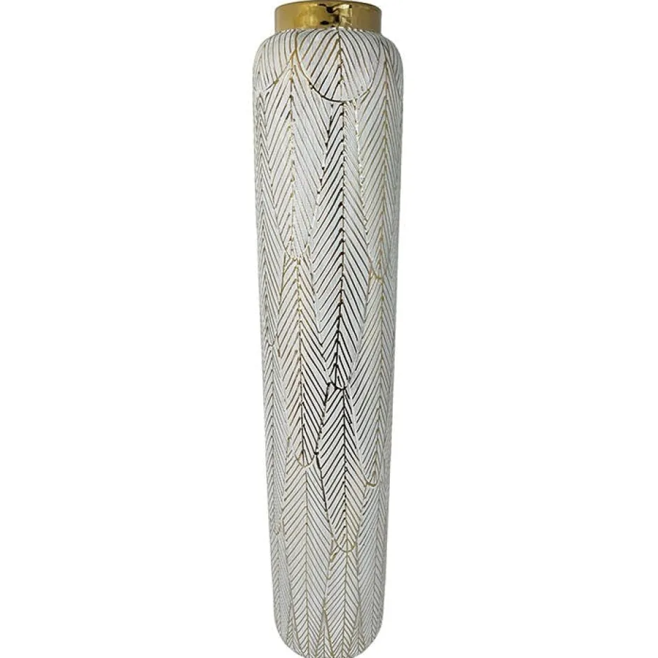 Vases|Grand vase doré et blanc avec feuillage
