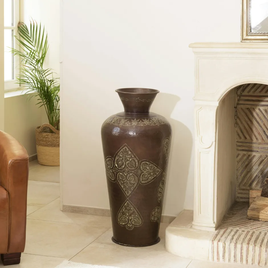 NADOR Vases|Grand vase oriental couleur cuivre foncé patiné motifs dorés H85,5 cm