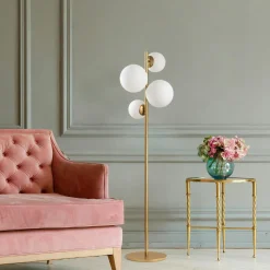 SIERRE Lampadaires|Lampadaire art déco doré, 4 globes verre dépoli