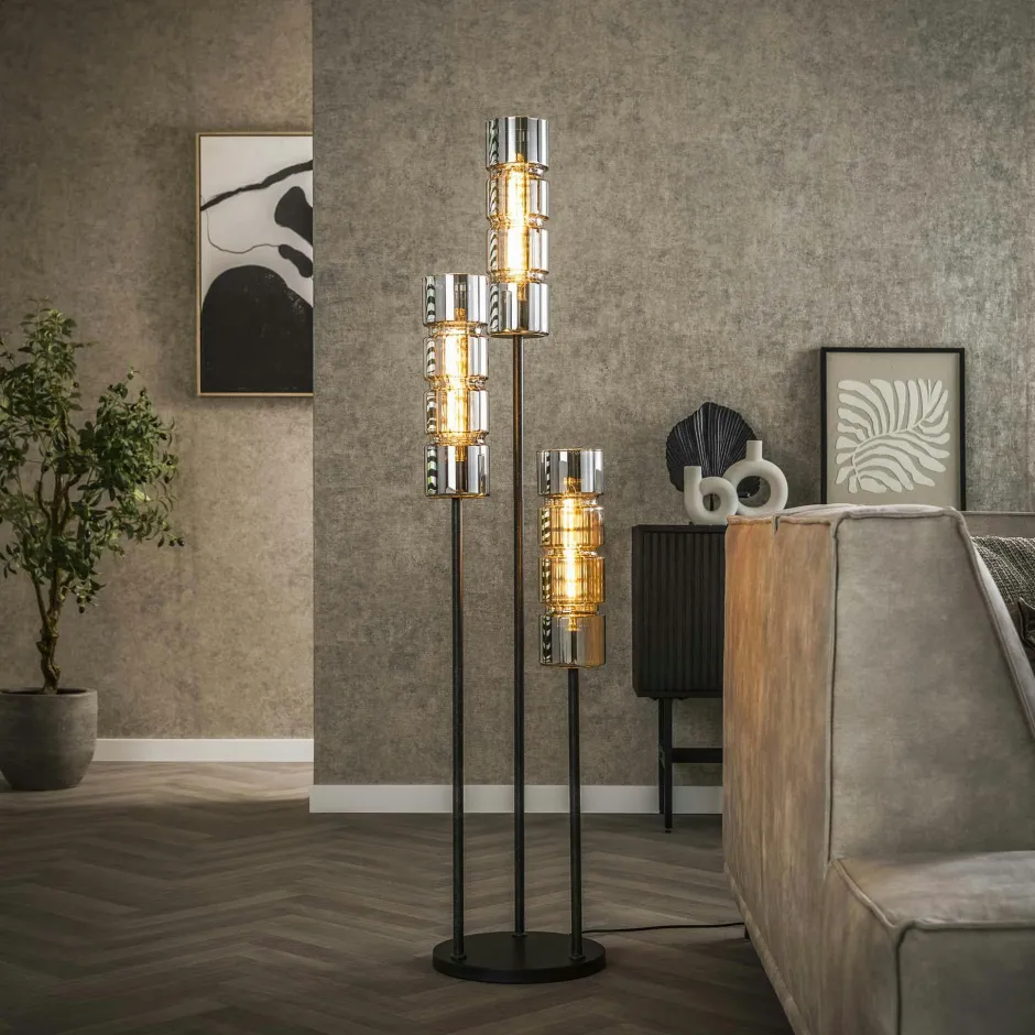 RALF Lampadaires|Lampadaire design en verre chromé, 3 abat-jour cylindriques