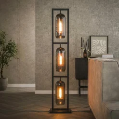 NOVA Lampadaires|Lampadaire salon 3 lampes verre fumé et métal cuivré