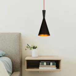 SILE Suspensions / Lustres|Lampe de chevet suspendue noire mat câble rouge, forme cône