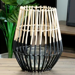 Objets Décoration·Lanternes / Photophores|Lanterne / Photophore forme Trapèze en osier ajouré bi-tons noir et naturel D27xH34cm