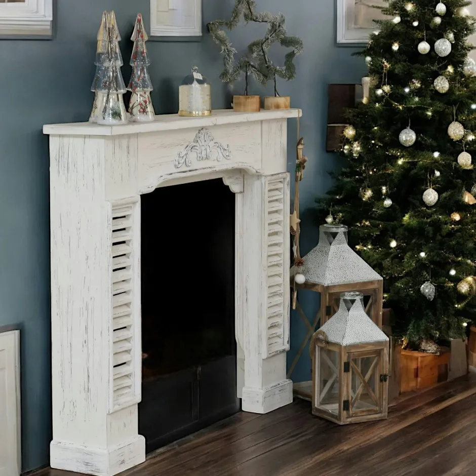 Décorations De Noël·Toute La Déco De Noël|Consoles En Bois|Manteau de cheminée en bois blanc aspect vieilli