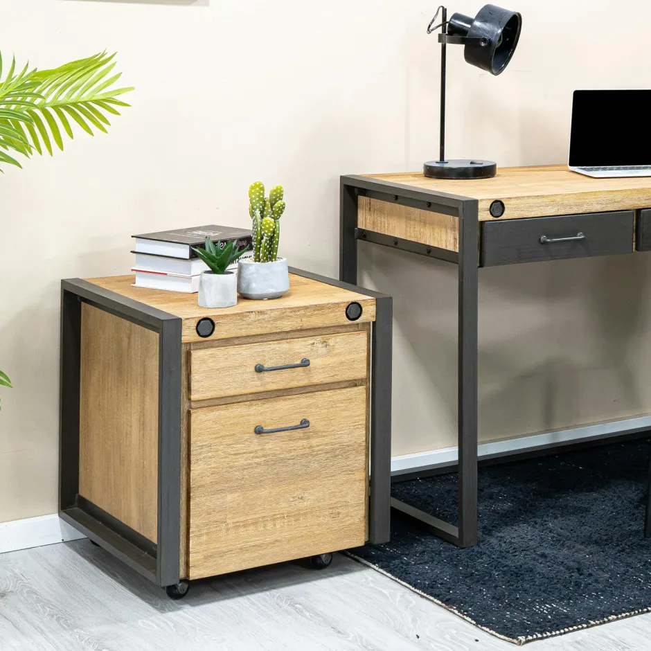Brooklyn Caissons De Bureau|Meuble bas / Caisson de Bureau à roulettes Inspiration Indus' en Acacia et Métal, 2 tiroirs 51x60x60cm
