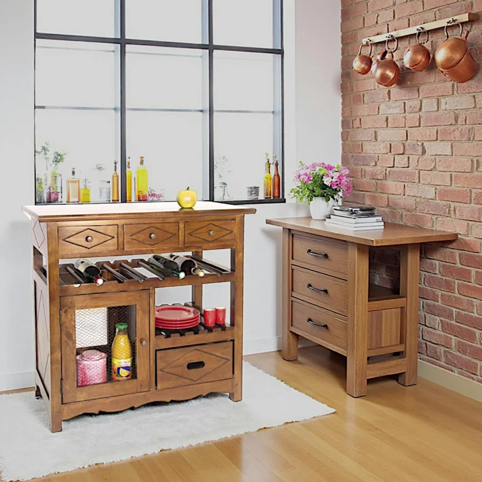 Tradition Meubles De Cuisine·Rangement Cuisine|Meuble de cuisine Hévéa 4 tiroirs, 1 porte grillagée, 1 étagère, 1 rack à bouteilles 88,2x50x84cm