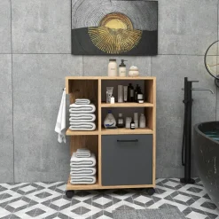 MARFA Meubles De Salle De Bains·Rangement Salle De Bains|Meuble de rangement blanc sur roulettes, 2 patères