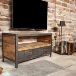 Caravelle Chiffonnier Industriel|Meuble de rangement bois recyclé 1 niche et 2 tiroirs métal 60x40x110cm