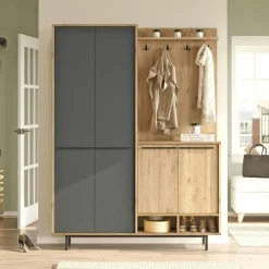 JENA Meubles D'Entrée·Portemanteaux|Meubles D'Entrée·Vestiaires|Meuble d'entrée avec rangement - vert sauge et effet chêne