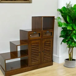 Maori Bibliothèques En Bois|Bibliothèques En Bois|Meuble Escalier double face Hévéa 2 portes persiennes, 2 tiroirs, 3 niches, 105x40x102cm