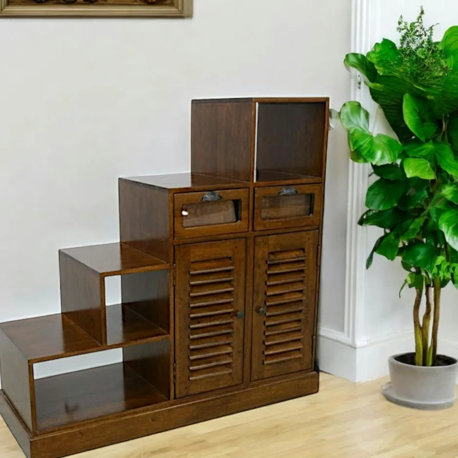 Maori Bibliothèques En Bois|Bibliothèques En Bois|Meuble Escalier double face Hévéa 2 portes persiennes, 2 tiroirs, 3 niches, 105x40x102cm