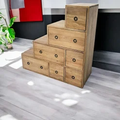 Maori Bibliothèques En Bois|Bibliothèques En Bois|Meuble escalier double face 7 tiroirs hévéa 88x35x88cm