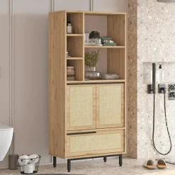 JENA Meubles De Salle De Bains·Rangement Salle De Bains|Meuble salle de bains haut avec cannage & effet bois