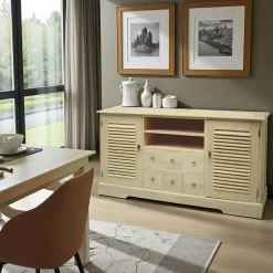 Maori Buffets En Bois|Buffets En Bois|Meuble TV / Buffet Hévéa 2 portes persiennes, 6 tiroirs, 2 niches 150x44x80cm