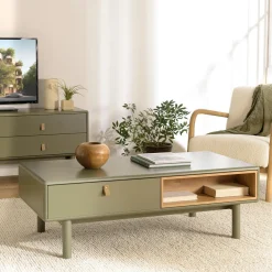 GUILIN Meubles Tv En Bois|Meuble TV 2 tiroirs 1 porte bois vert nature