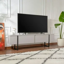 JENA Meubles Tv En Bois|Meuble TV avec rangement - effet gris laqué, pieds noirs