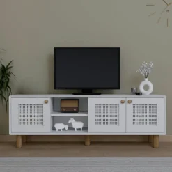 VAREN Meubles Tv En Bois|Meuble TV blanc, 3 portes à cadre et 2 niches