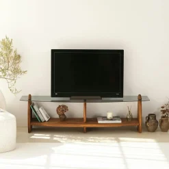 ANZIO Meubles Tv En Bois|Meuble TV bois brun et verre - 2 niches, vintage