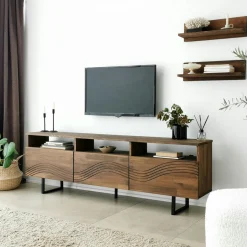 JACA Meubles Tv En Bois|Meuble TV bois brun motif vague avec 2 étagères