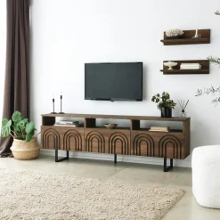 JACA Meubles Tv En Bois|Meuble TV bois brun motif arches avec 2 étagères