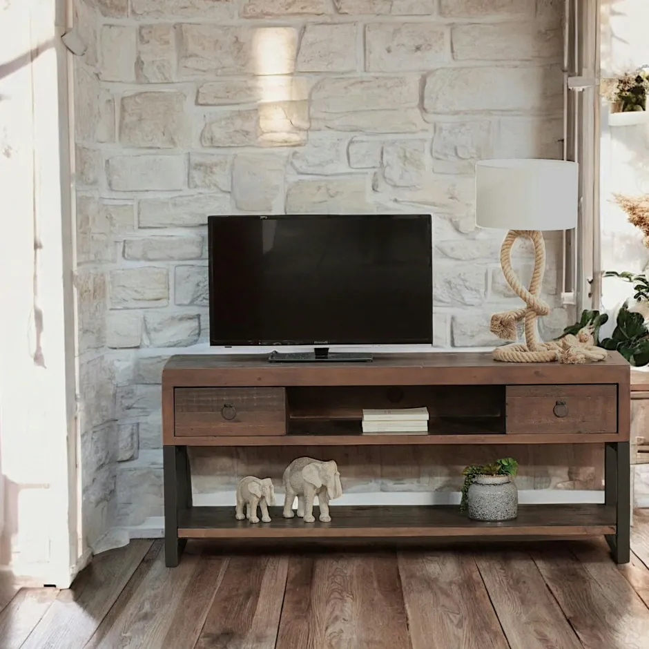 SAMOA Meubles Tv En Bois|Meuble TV bois brun recyclé 2 tiroirs