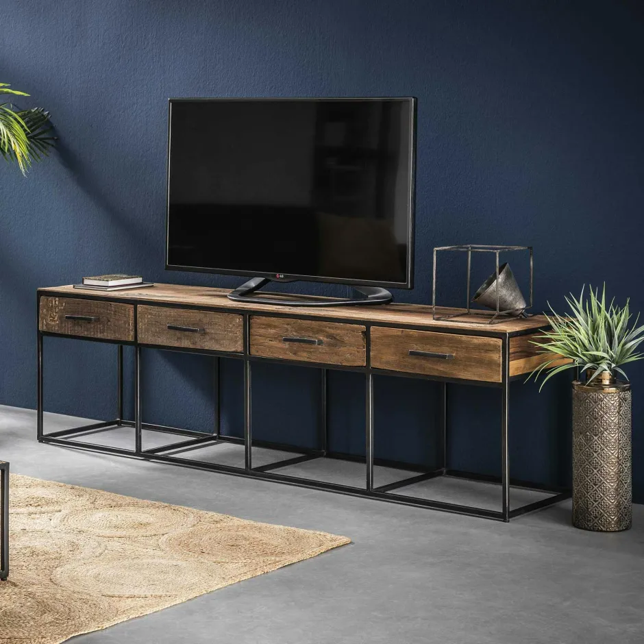 WELLINGTON Meubles Tv En Bois|Meuble tv bois recyclé brut acier 4 tiroirs