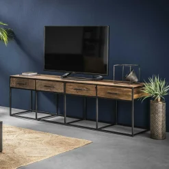 WELLINGTON Meubles Tv En Bois|Meuble tv bois recyclé brut acier 3 tiroirs