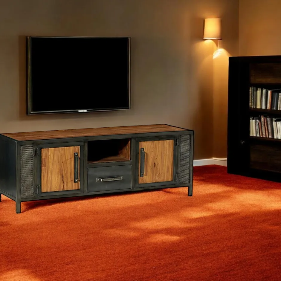 CLEVELAND Meubles Tv Industriels|Meubles Tv En Bois|Meuble tv bois recyclé teck métal vieilli