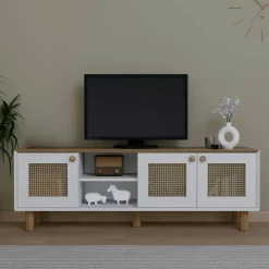 VAREN Meubles Tv En Bois|Meuble TV cannage 3 portes blanches plateau effet chêne