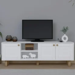 VAREN Meubles Tv En Bois|Meuble TV cannage 3 portes blanches plateau effet chêne