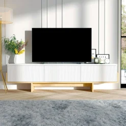 MARFA Meubles Tv En Bois|Meuble TV design blanc 3 portes striées et cadre clair