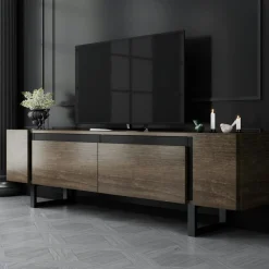 JENA Meubles Tv En Bois|Meuble TV design effet noyer pieds cadres noirs