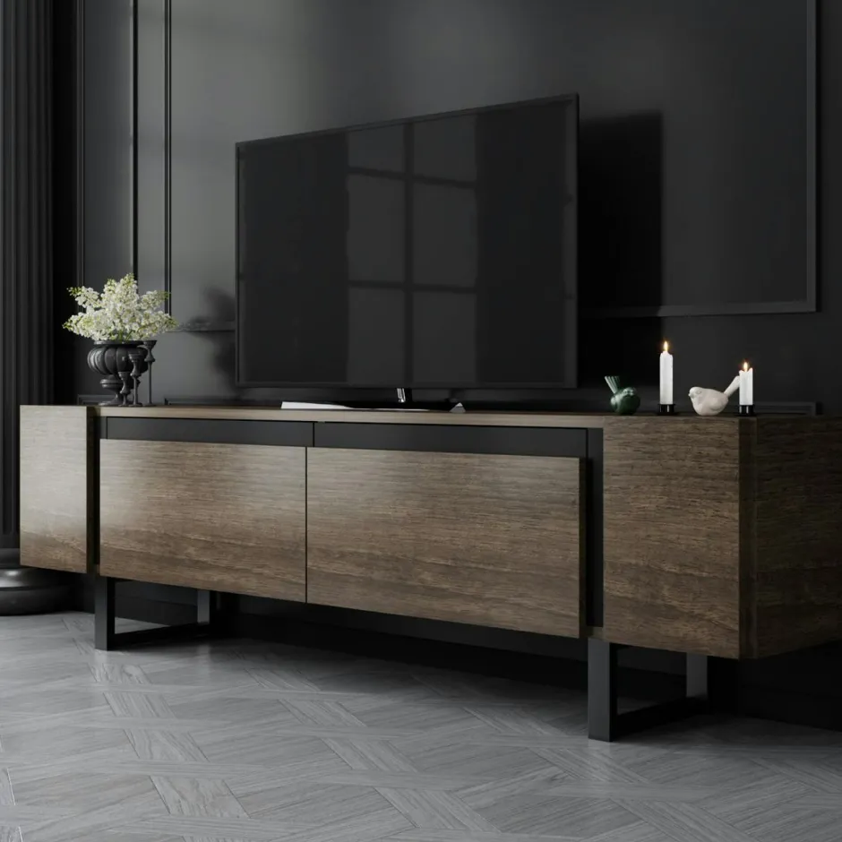 JENA Meubles Tv En Bois|Meuble TV design effet noyer pieds cadres noirs