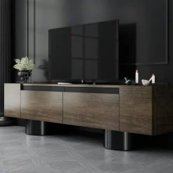 JENA Meubles Tv En Bois|Meuble TV design effet noyer pieds cylindres noirs