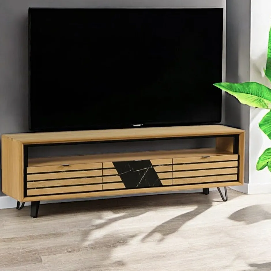 ESSEN Meubles Tv En Bois|Meuble tv design en bois de chêne finition miel, 3 tiroirs