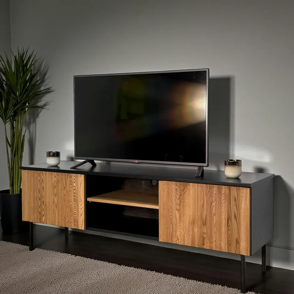 TARAN Meubles Tv En Bois|Meuble TV en bois bicolore avec façade ondulée