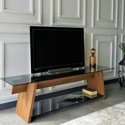 LHASA Meubles Tv En Bois|Meuble TV en bois brun et verre fumé - forme trapèze