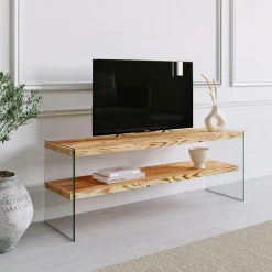 LHASA Meubles Tv En Bois|Meuble TV en bois brun et verre - 2 niveaux