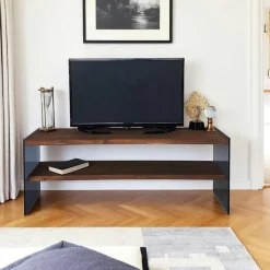 LHASA Meubles Tv En Bois|Meuble TV en bois marron et verre fumé - 2 niveaux