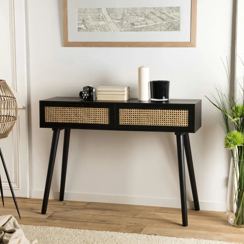 PALMA 2 Meubles Tv En Bois|Meuble TV en bois noir avec cannage