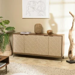 KANHA Meubles Tv En Bois|Meuble TV en bois pieds couleur laiton grande niche 2 tiroirs