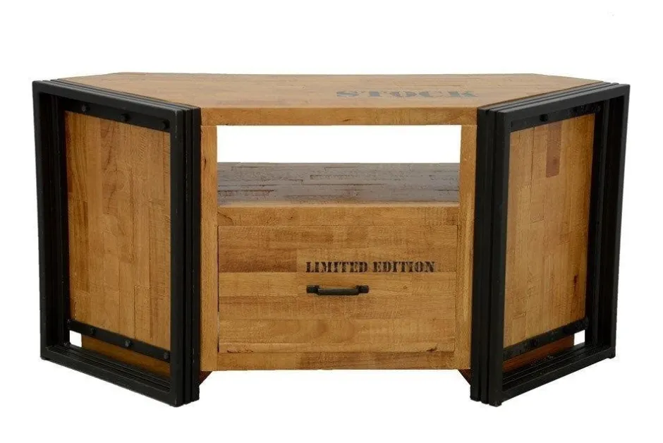 Docker Meubles Tv Industriels|Meubles Tv En Bois|Meuble TV hévéa recyclé naturel et métal noirci 3 tiroirs 2 niches 120X40X55cm