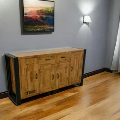 Docker Meubles Tv Industriels|Meubles Tv En Bois|Meuble TV hévéa recyclé naturel et métal noirci 3 tiroirs 2 niches 120X40X55cm