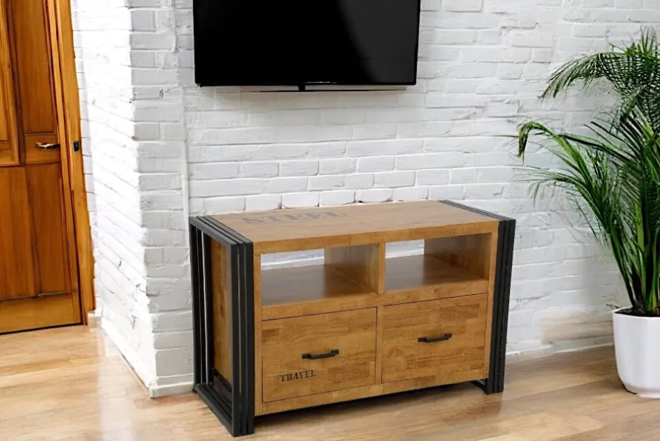 Docker Meubles Tv Industriels|Meubles Tv En Bois|Meuble TV hévéa recyclé naturel et métal noirci 2 tiroirs 2 niches 90X40X55cm
