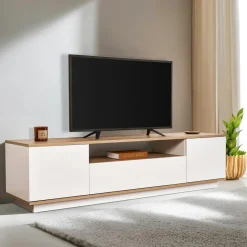 MARFA Meubles Tv En Bois|Meuble TV moderne 3 portes blanc et effet chêne