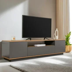 MARFA Meubles Tv En Bois|Meuble TV moderne 3 portes gris foncé et effet pin