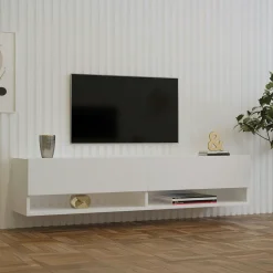 MARFA Meubles Tv En Bois|Meuble TV mural blanc - 2 niches ouvertes et 2 portes