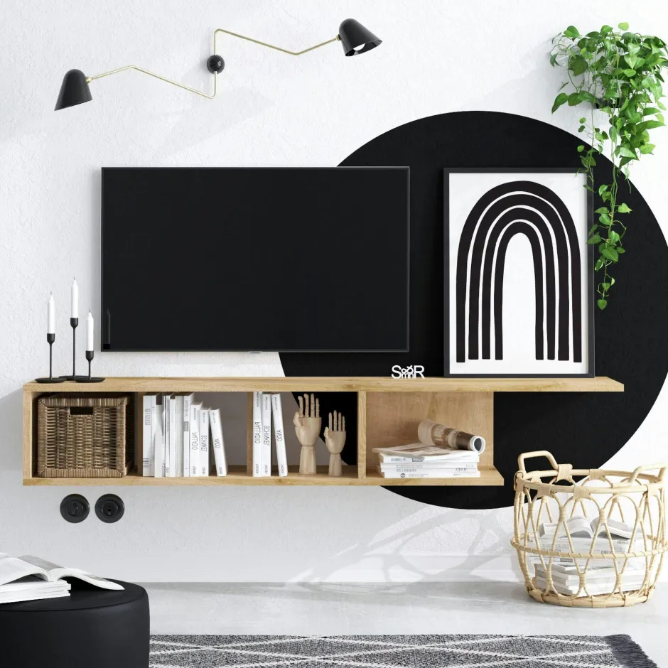 MARFA Meubles Tv En Bois|Meuble TV mural effet chêne - niches ouvertes